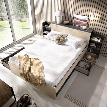 Dizajnová posteľ v industriálnom tóne Ely graphite, oak