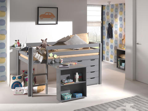 Detská posteľ z masívu s písacím stolom, komodou a policou Pino grey