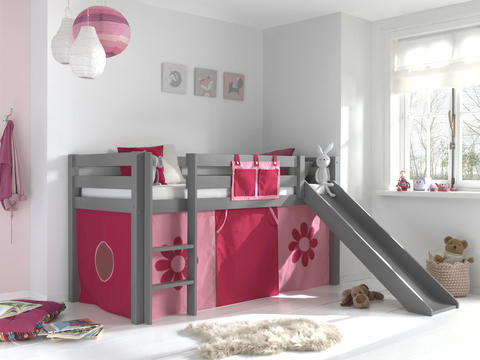 Detská posteľ z masívu s kĺzačkou Pink flower - Pino grey