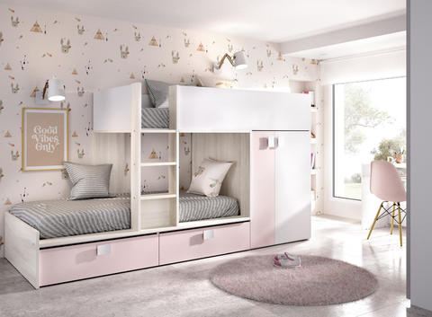 Poschodová posteľ so skriňou a šuplíky Matt, white-pink