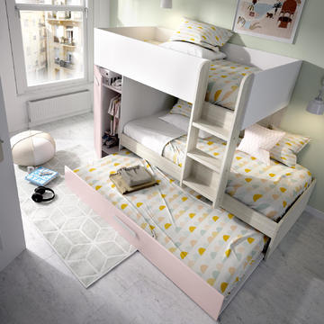 Poschodová posteľ pre tri deti Tom, oak grey, white-pink