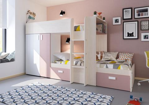 Poschodová posteľ pre dve deti Bo1 - bielená borovica, rosa pink