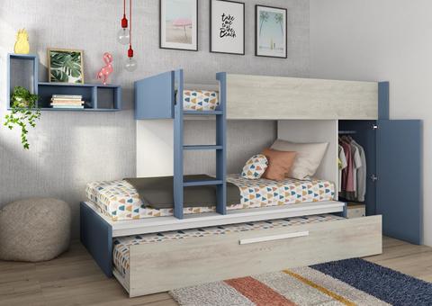 Poschodová posteľ pre troch so šatníkovou skriňou Multi smoky blue