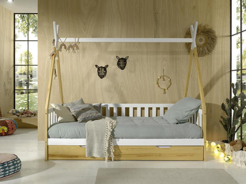 Detská posteľ so šuplíkom prírodným z masívu Vigi fence