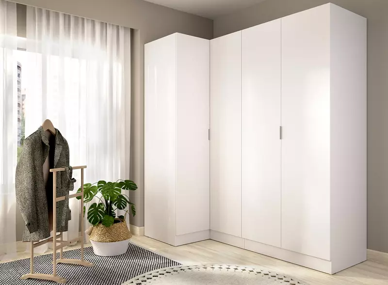 Rohová šatníková skriňa biela Essen XXL