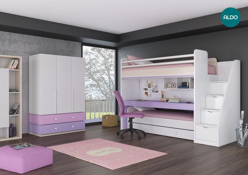 Detská izba s poschodovou posteľou pre 3 dievčatá Flexi - pink