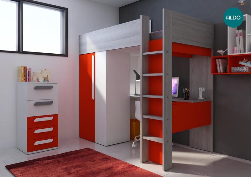 Poschodová posteľ so skriňou a stolom B - červená