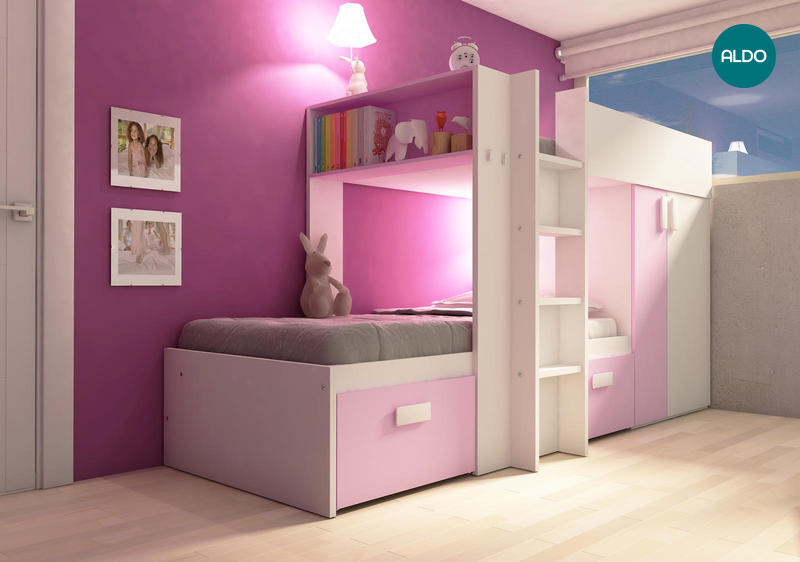 Poschodová posteľ BO3 - bielo ružová kombinácia