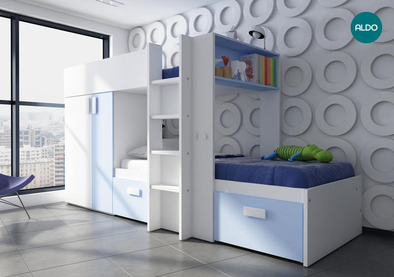 Poschodová posteľ BO3 - bielo modrá kombinácia