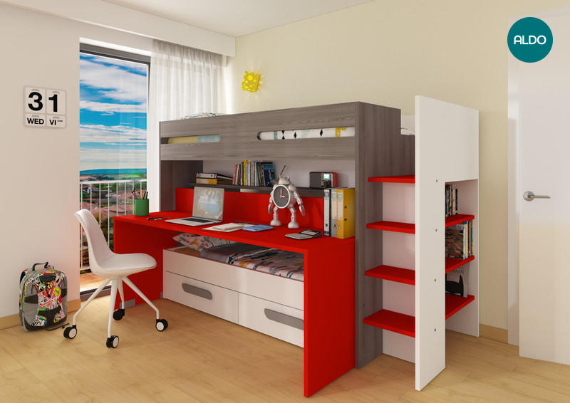 Poschodová posteľ s písacím stolom BO10 red - limitovaná edícia