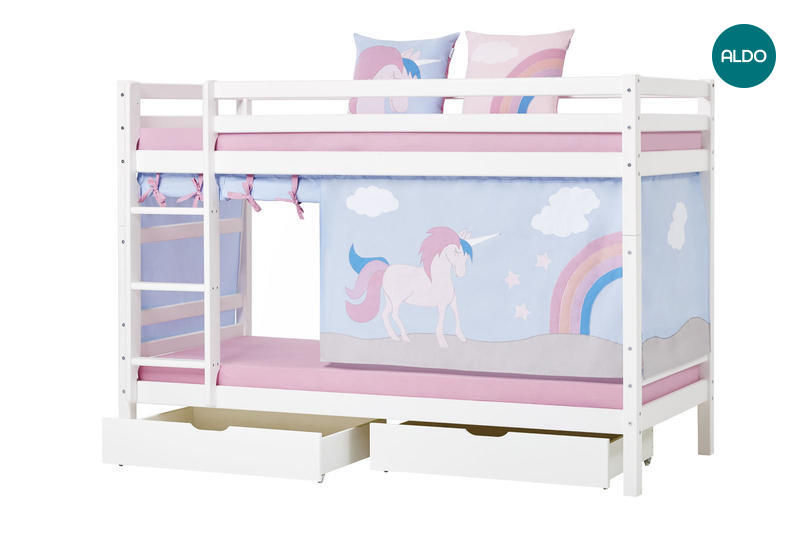 Detská poschodová posteľ z masívu Jednorožec so šuplíkmi
