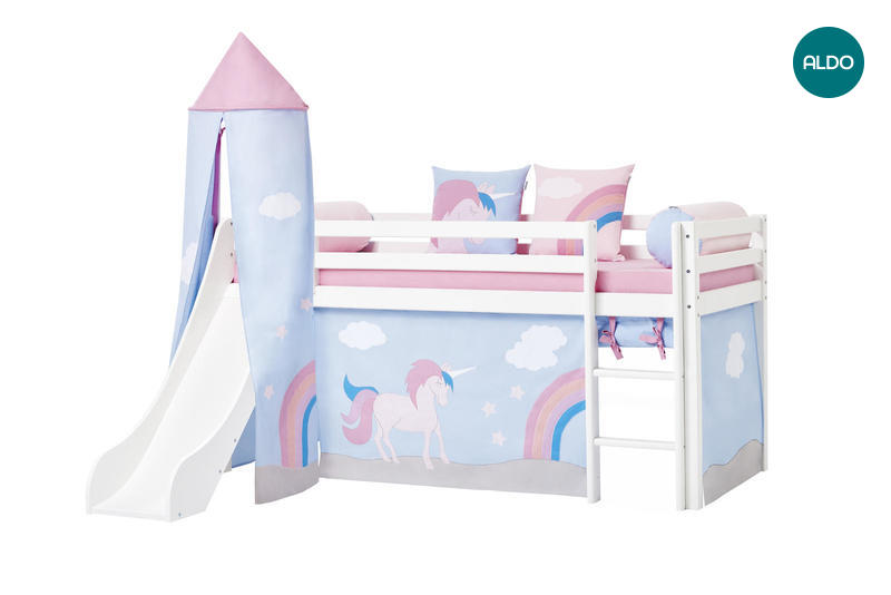 Detská posteľ so šmykľavkou a vežou Jednorožec