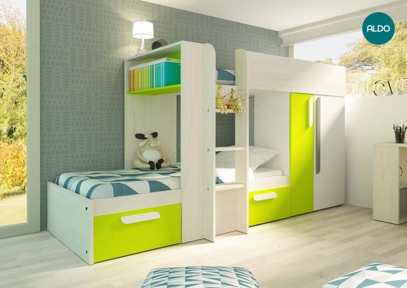 Poschodová posteľ pre dve deti Bo1 90x190 - bielená borovica, zelená