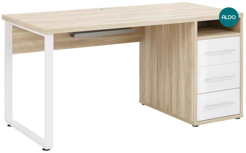Písací stôl s USB portom a šuplíky - prírodný dub s bielymi detailmi