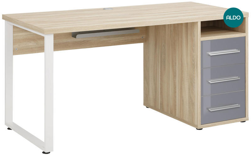 Písací stôl s USB portom a šuplíky - prírodný dub s sivými detailmi