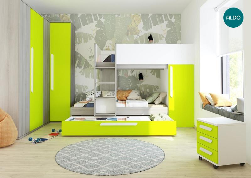 Poschodová posteľ pre tri deti Bo7 - green, white, molina oak