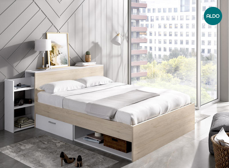 Dizajnová posteľ s úložným priestorom Ely mat white, oak