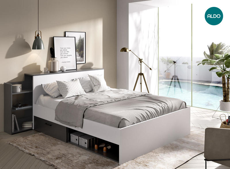 Dizajnová posteľ v kontrastnom spojení odtieňov Ely graphite, white