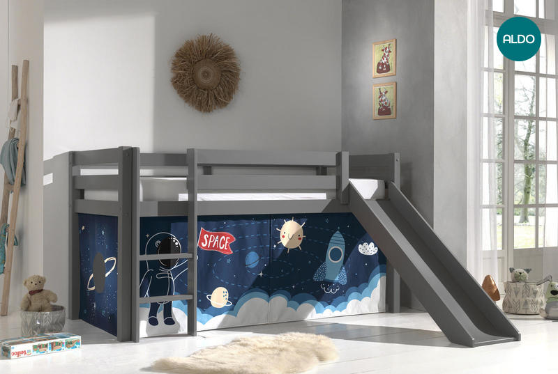 Detská posteľ z masívu s kĺzačkou Space - Pino grey I