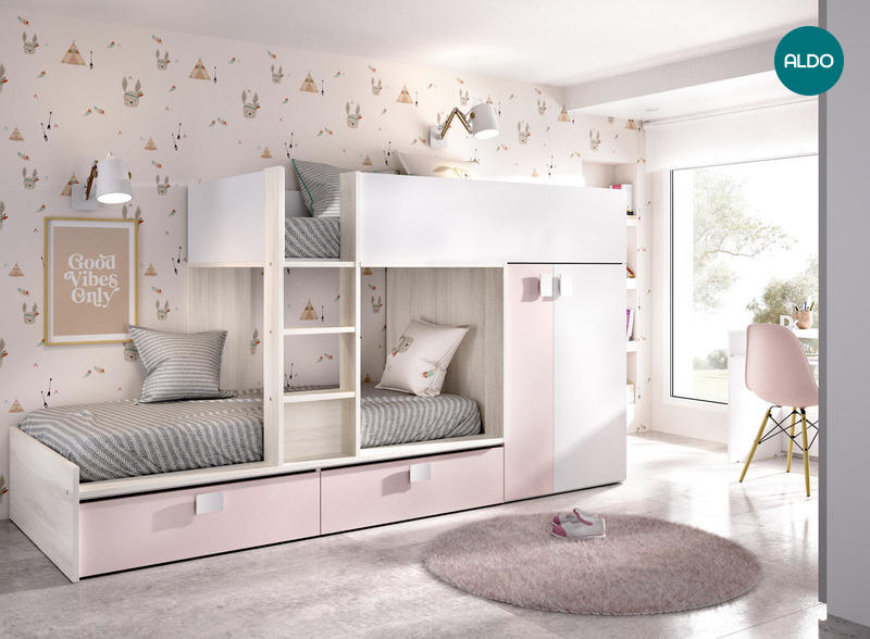 Poschodová posteľ so skriňou a šuplíky Matt, white-pink