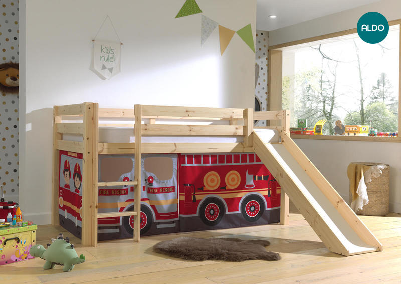 Detská posteľ z masívu s kĺzačkou Fire truck - Pino natural